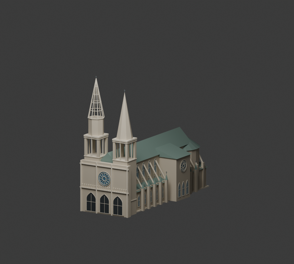 Blender render of Chartres Cathedral's unequal spires