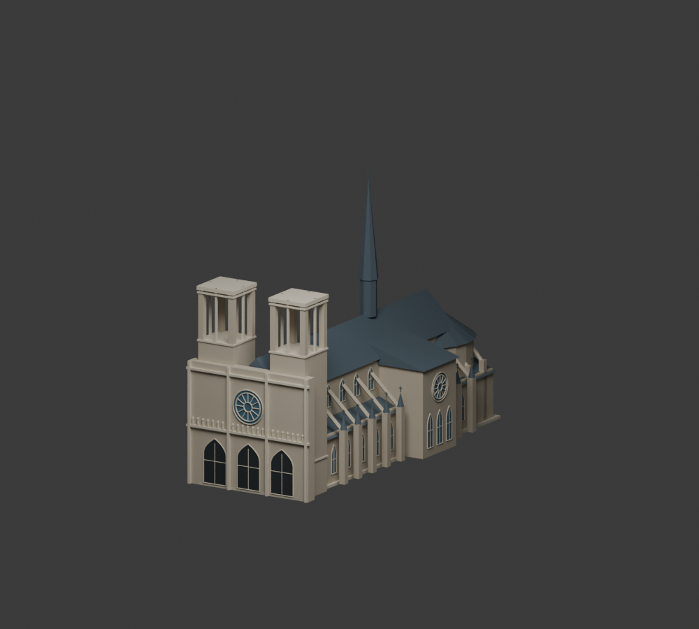 Blender render of Notre-Dame with twin towers, rose window, flying buttresses and spire