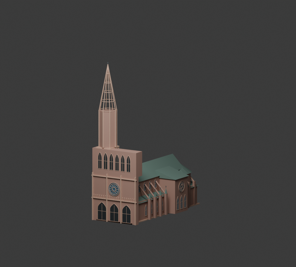Blender render of Strasbourg Cathedral's single pink stone spire